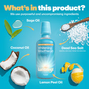 Lumineux Whitening Mouthwash bottle with ingredients on a blue background