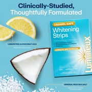 Lumineux whitening strips packaging with lemon, coconut, and sea salt on a blue background