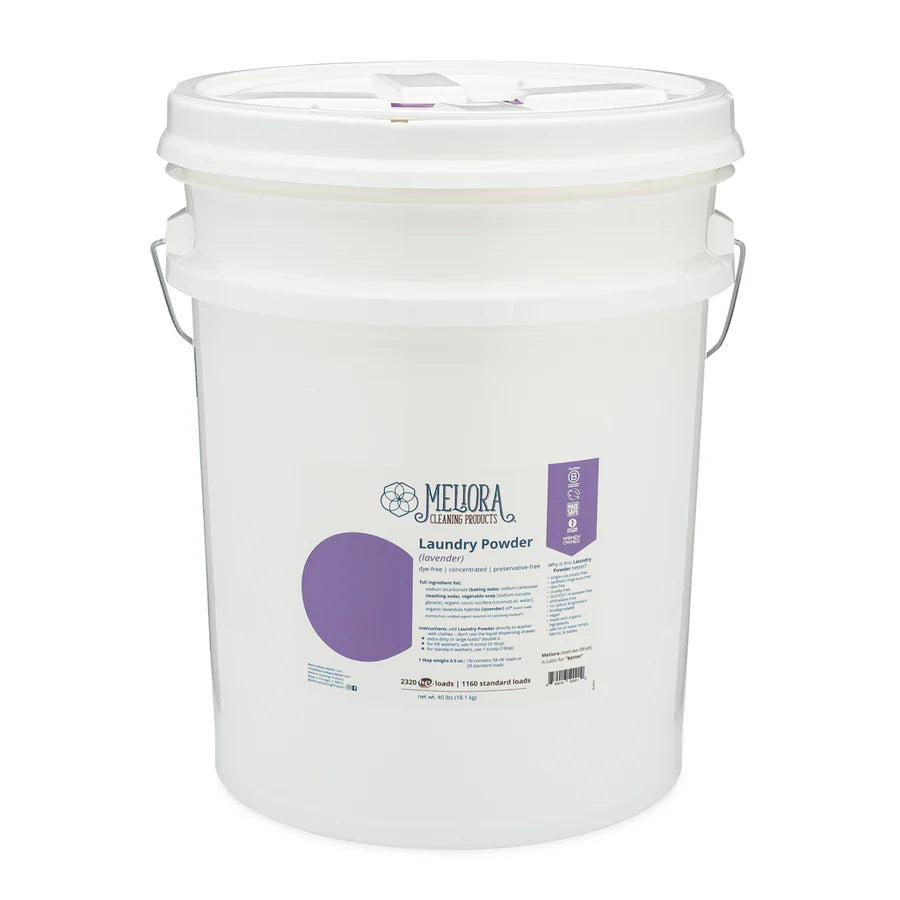 White bucket of Meliora laundry powder lavender on a white background