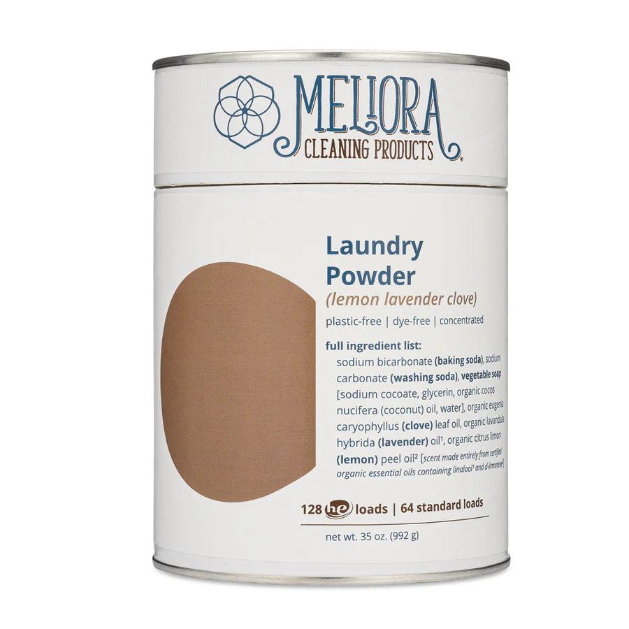 Can of Meliora Laundry Powder Lemon Lavender Clove on a white background