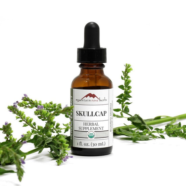 Bottle of skullcap herbal supplement with dropper surrounded by skullcap plants on a white background