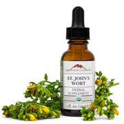 Bottle of St. John's Wort herbal supplement with dropper surrounded by St. John's Wort plants on a white background