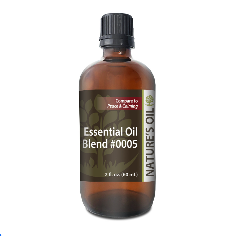 Bottle of Nature's Oil Essential Oil Blend #0005 on a white background