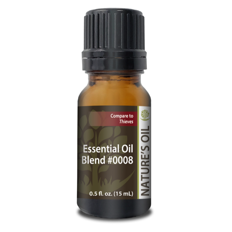 Bottle of Nature's Oil Essential Oil Blend #0008 on a white background