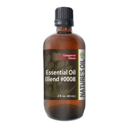 Bottle of Nature's Oil Essential Oil Blend #0008 on a white background