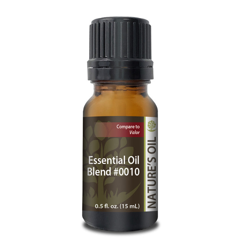 Bottle of Nature's Oil essential oil blend #0010 on a white background