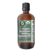 Bottle of Organic Eucalyptus Globulus Essential Oil with a label on a white background