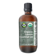 Bottle of Organic Orange Essential Oil with label on a white background