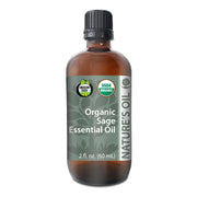 Bottle of Organic Sage Essential Oil with a label on a white background