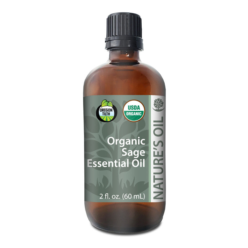 Bottle of Organic Sage Essential Oil with a label on a white background