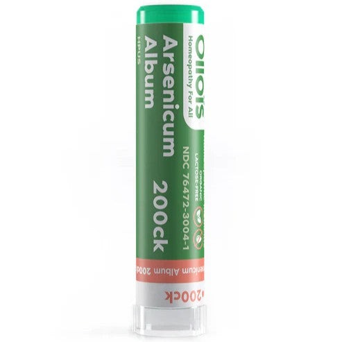 Green and white tube labeled 'Arsenicum Album' on a white background