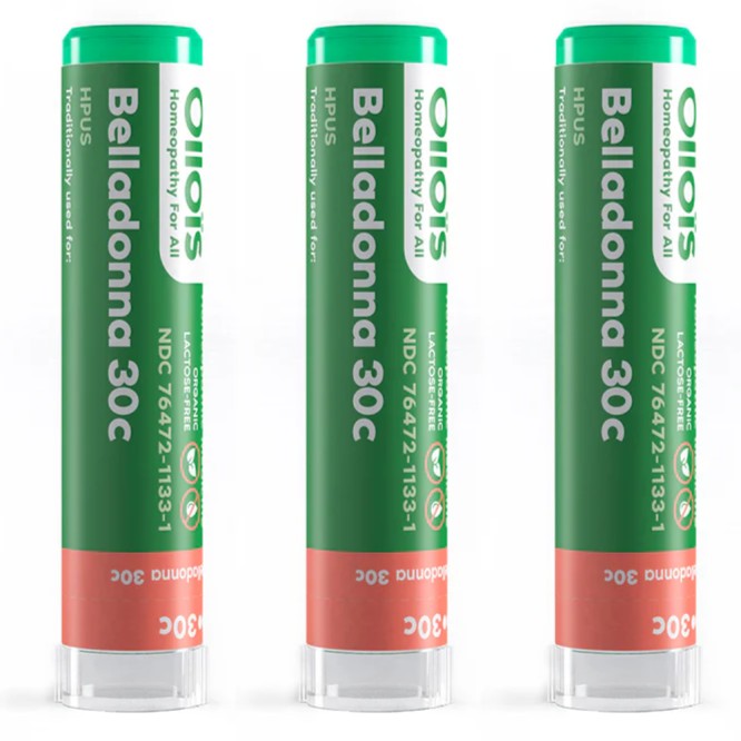 Three green and red tubes of Belladonna 30c on a white background