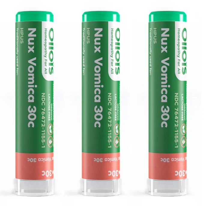 Three green and red Nux Vomica 30c Olois homeopathic product tubes on a white background