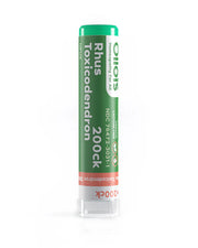 Green and white tube labeled 'Rhus Toxicodendron 200ck' on a white background