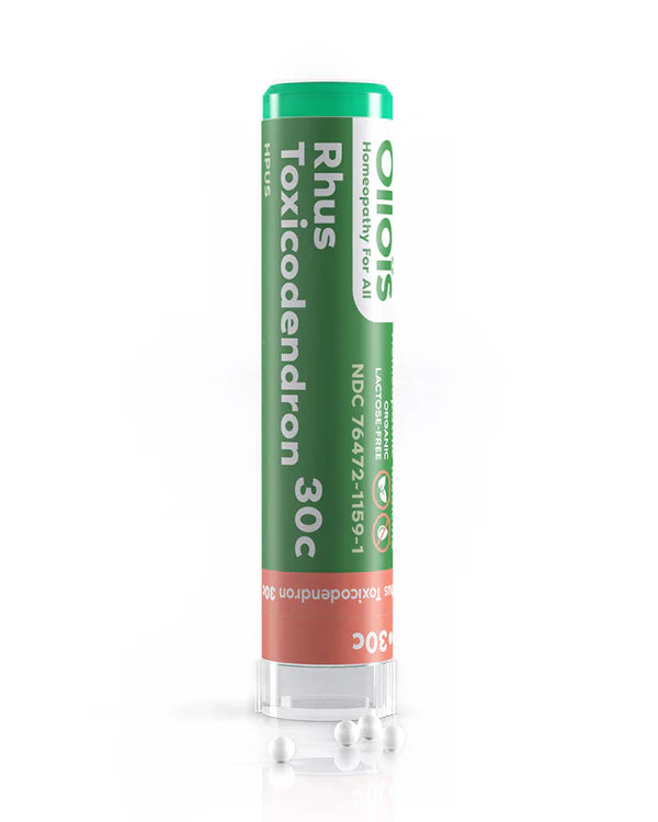 Vial labeled 'Rhus Toxicodendron 30c' on a white background