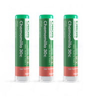 Three Olios Chamomilla 30c product containers on a white background