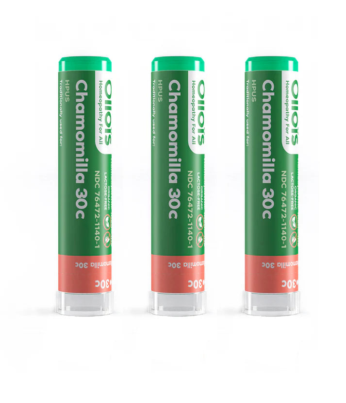 Three Olios Chamomilla 30c product containers on a white background