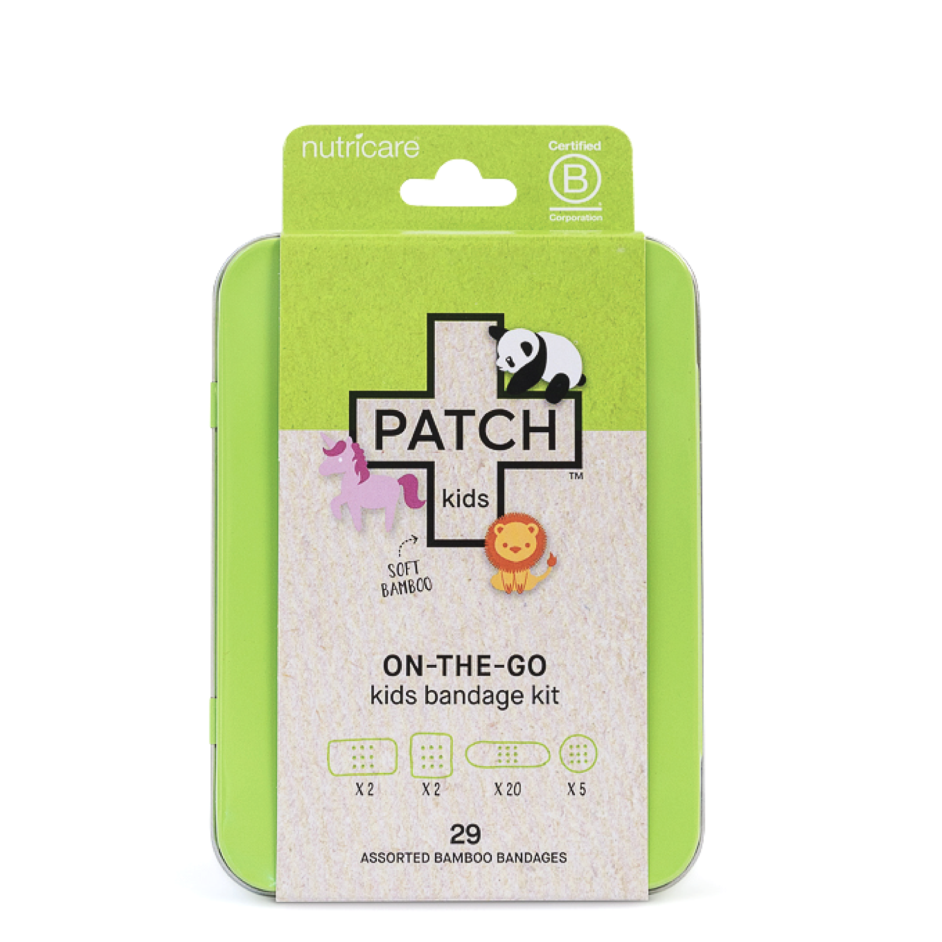 Packaged kids bandage kit with green and white design on a white background