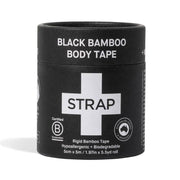 Black container of Black Bamboo Body Tape with 'STRAP' branding on a white background
