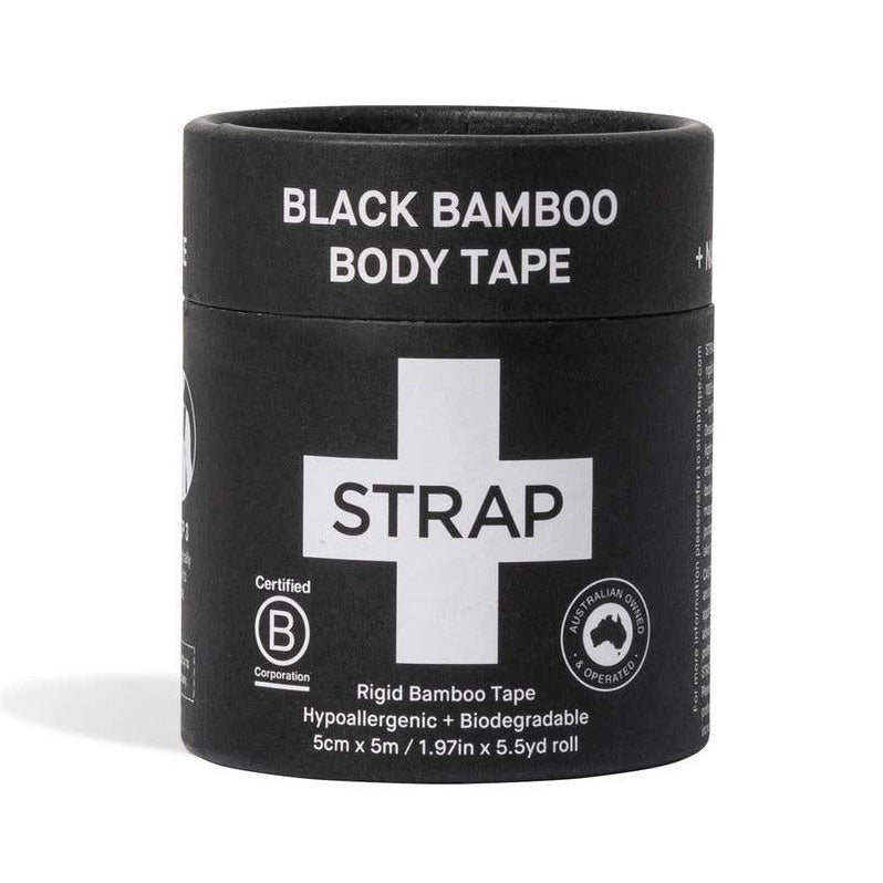 Black container of Black Bamboo Body Tape with 'STRAP' branding on a white background