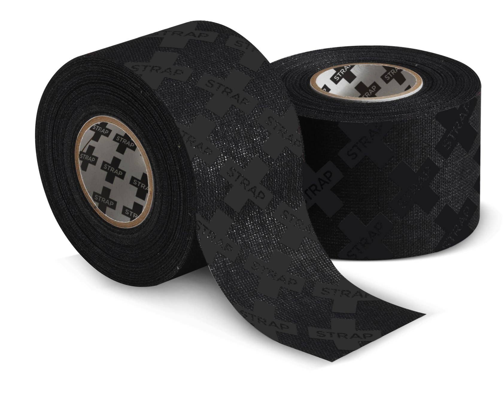 Two rolls of black tape with a brand logo on a white background