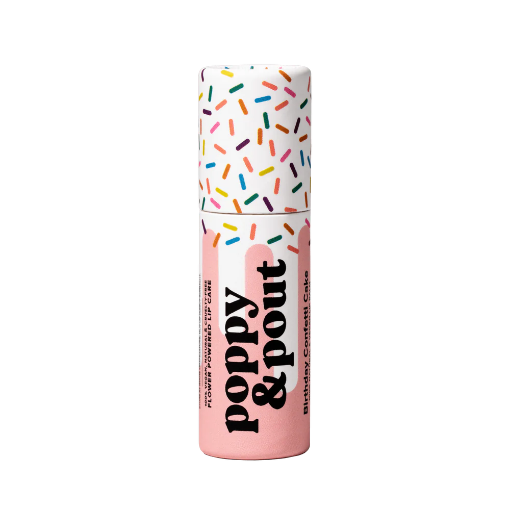 Lip balm container with colorful sprinkles and 'Poppy & Pout' branding on a white background