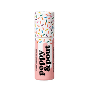 Lip balm container with colorful sprinkles and 'Poppy & Pout' branding on a white background
