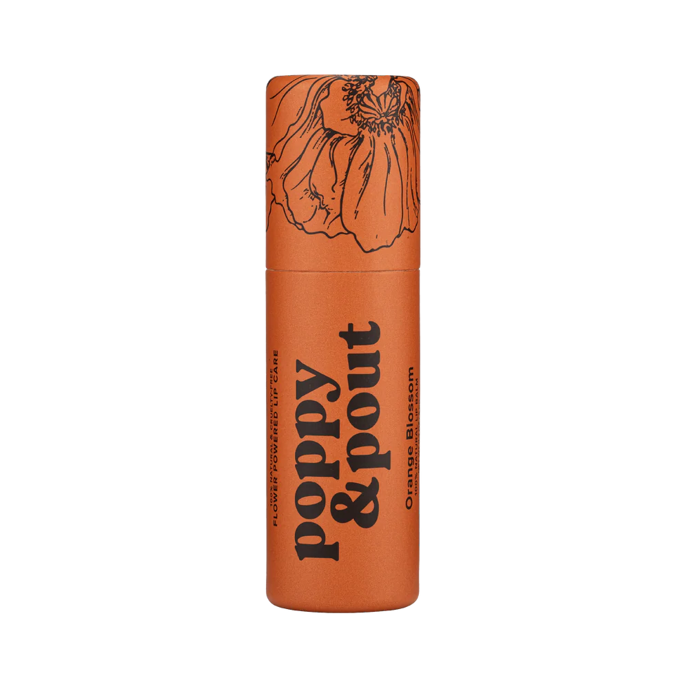 Orange cylindrical container with floral design and text on a white background