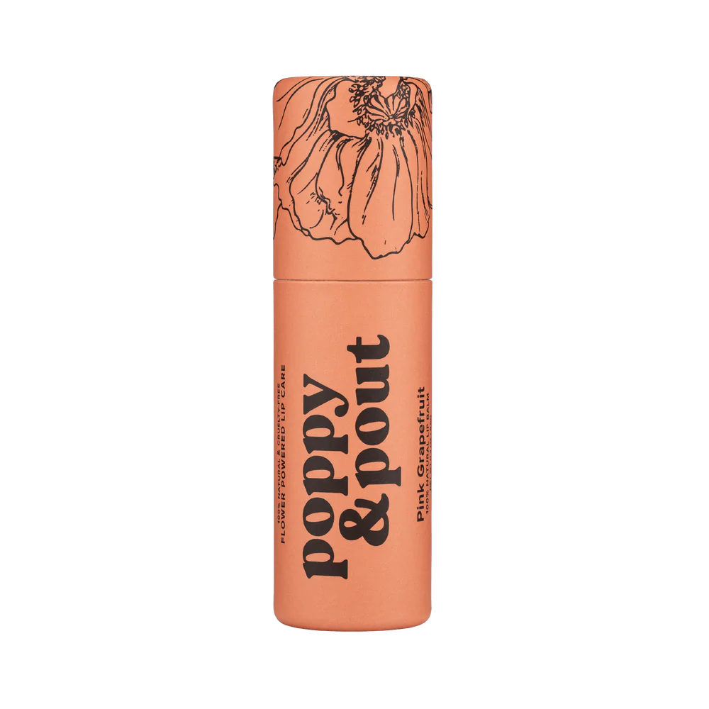 Cosmetic container with 'Poppy & Pout' branding on a white background