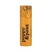Orange cylindrical container with floral design and text on a white background