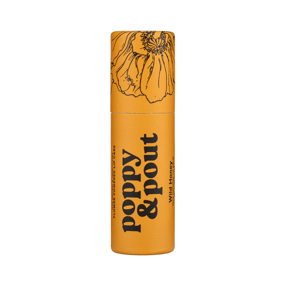 Orange cylindrical container with floral design and text on a white background