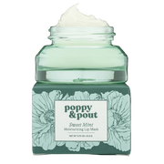 Green jar of 'Poppy & Pout' sweet mint moisturizing lip mask on a white background