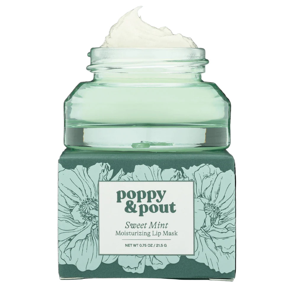 Green jar of 'Poppy & Pout' sweet mint moisturizing lip mask on a white background