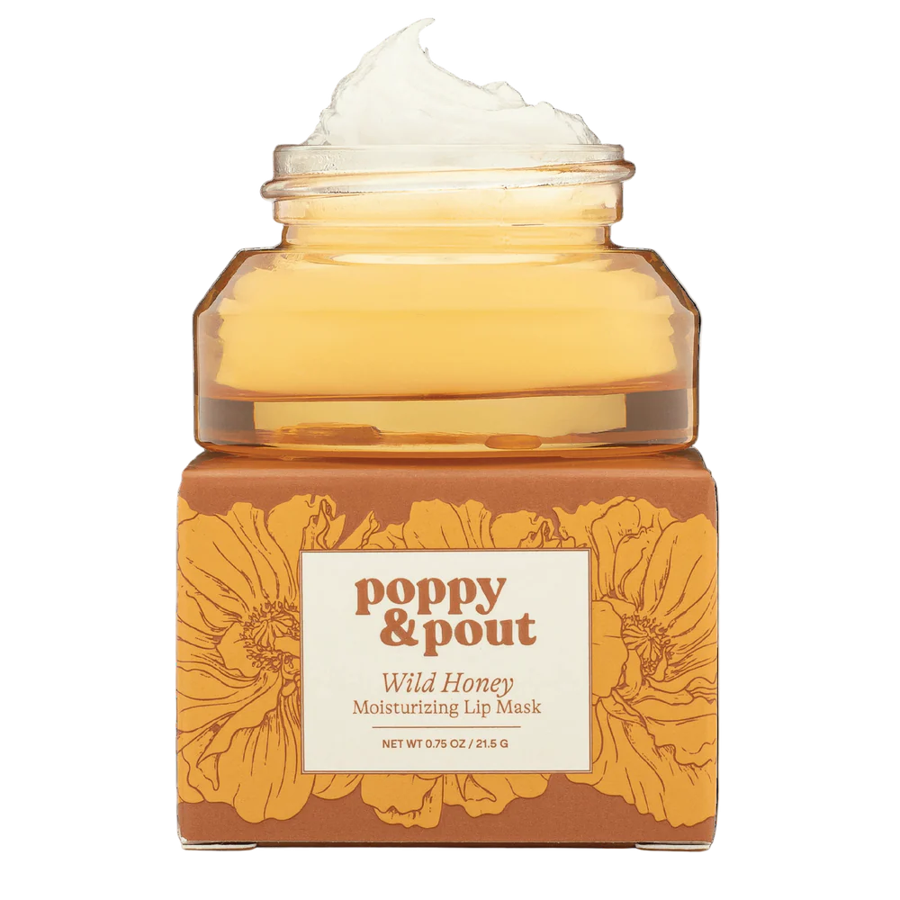 Jar of 'Poppy & Pout' Wild Honey Moisturizing Lip Mask with floral design on label