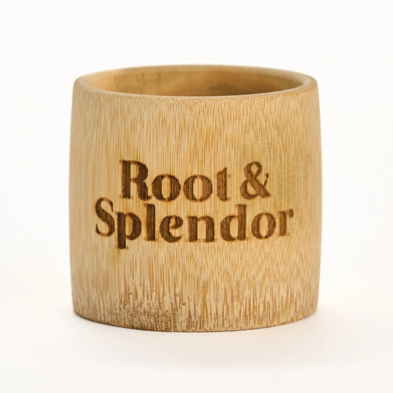 Wooden container with 'Root & Splendor' engraving on a white background