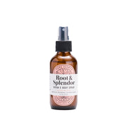 Brown spray bottle labeled 'Root & Splendor' on a white background