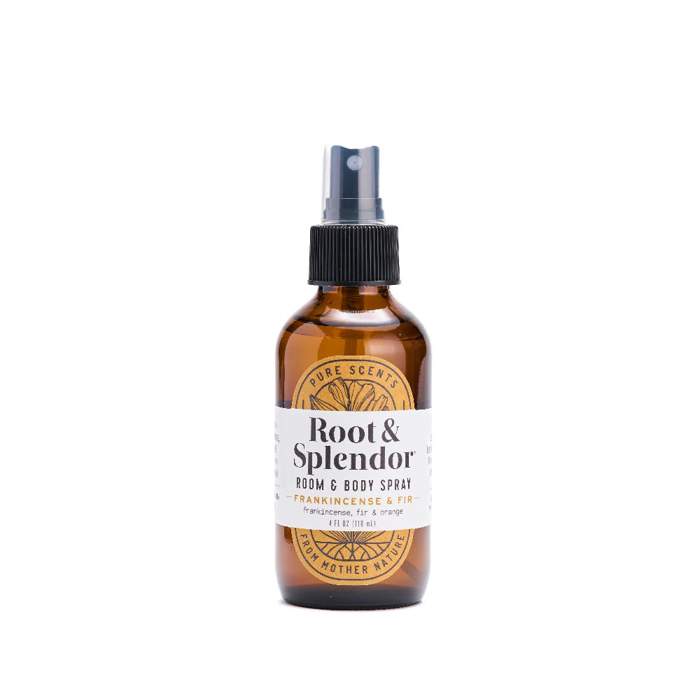 Brown spray bottle labeled 'Root & Splendor' on a white background