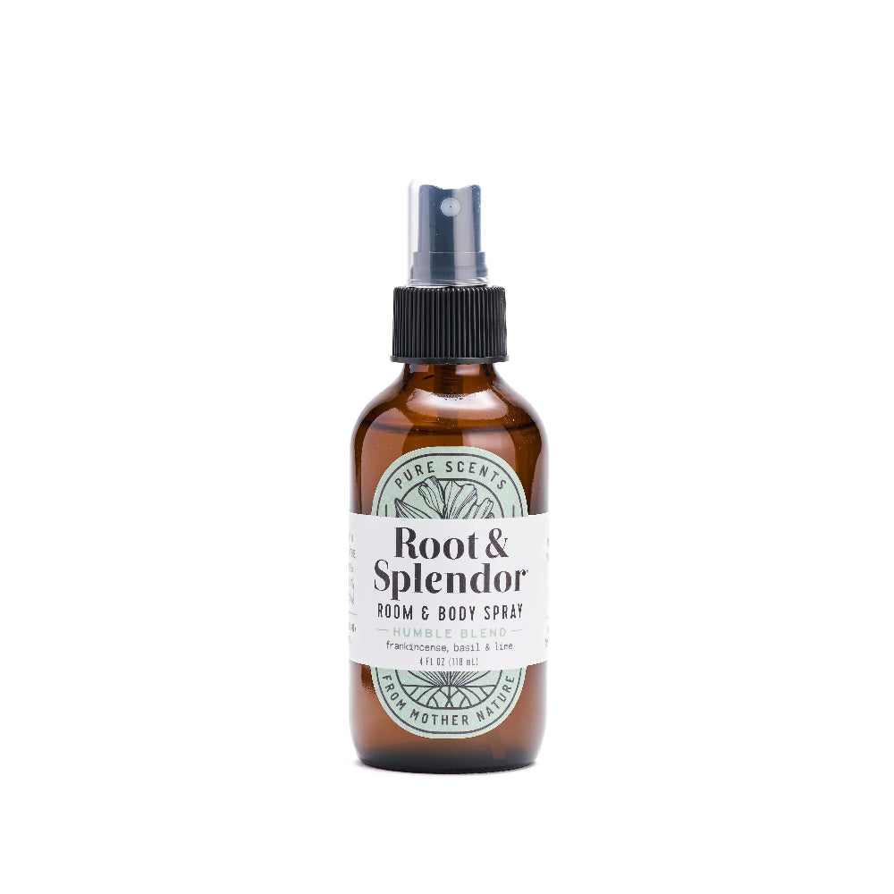 Brown spray bottle labeled 'Root & Splendor' on a white background
