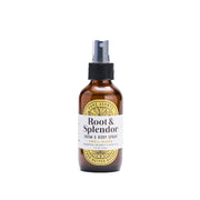 Brown spray bottle labeled 'Root & Splendor' on a white background