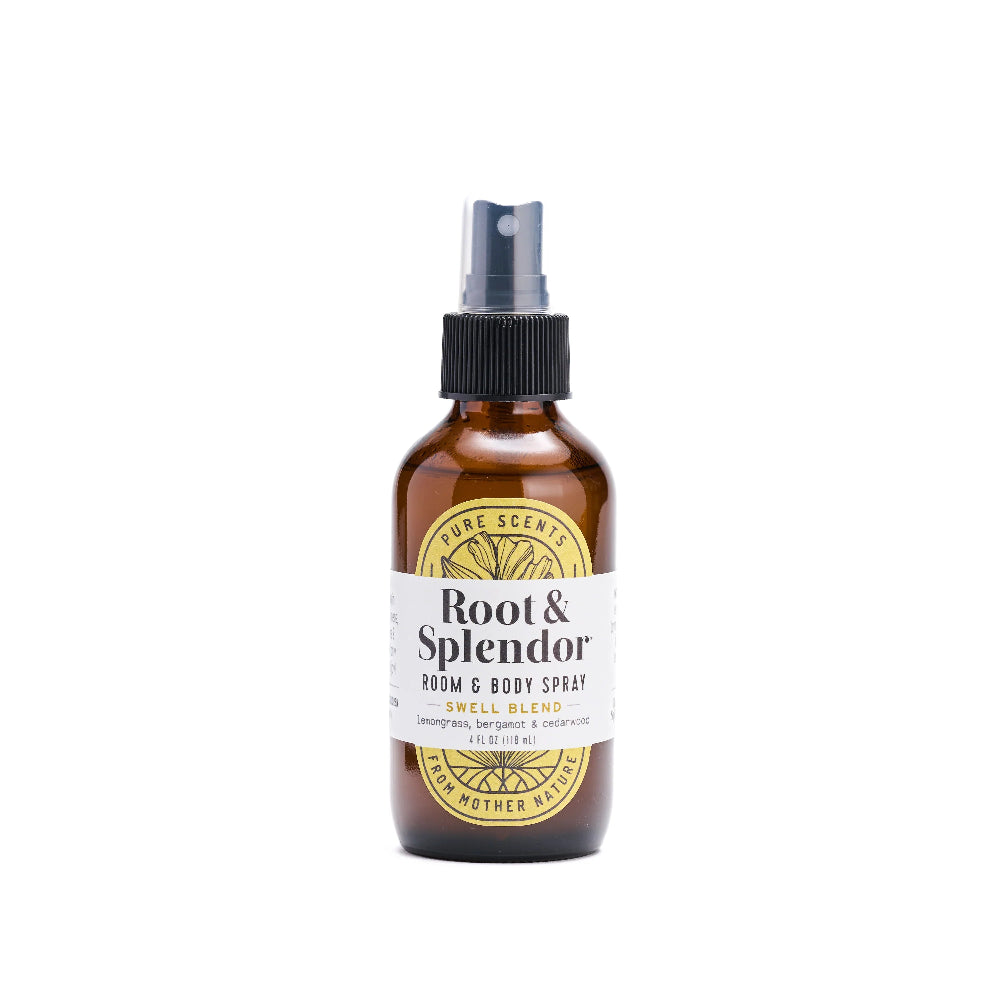 Brown spray bottle labeled 'Root & Splendor' on a white background