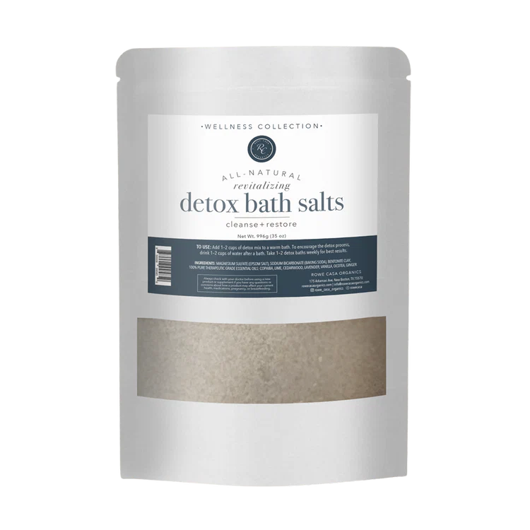 Rowe Casa package of detox bath salts with a label on a white background
