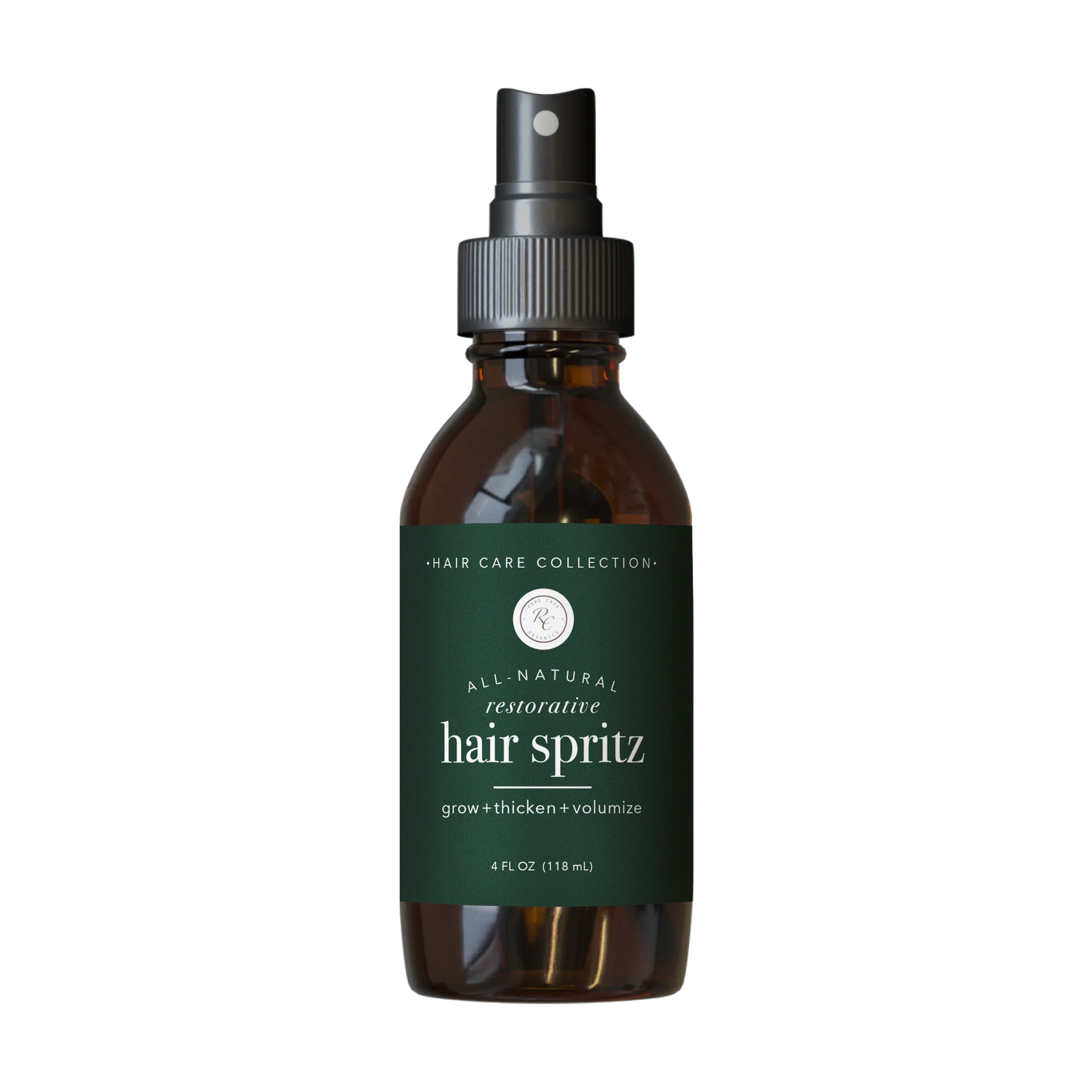 rowe casa Brown spray bottle labeled 'All-Natural Restorative Hair Spritz' on a white background