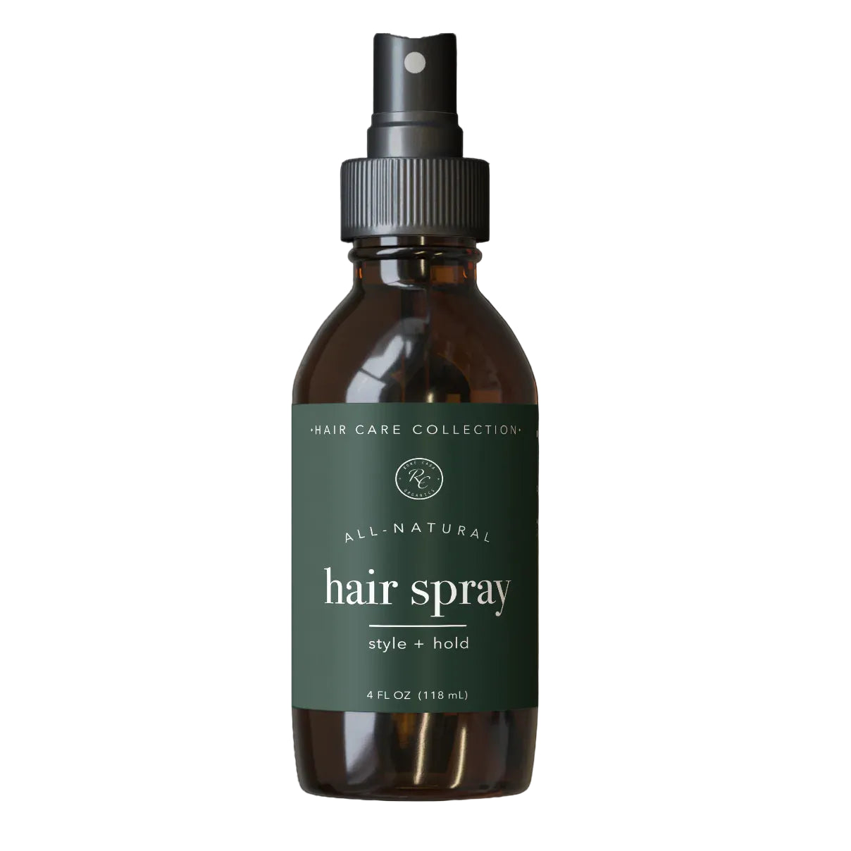 rowe casa Brown glass hair spray bottle with green label on a white background