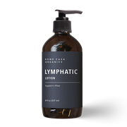 rowe casa Brown bottle of all-natural lymphatic lotion with a pump on a white background