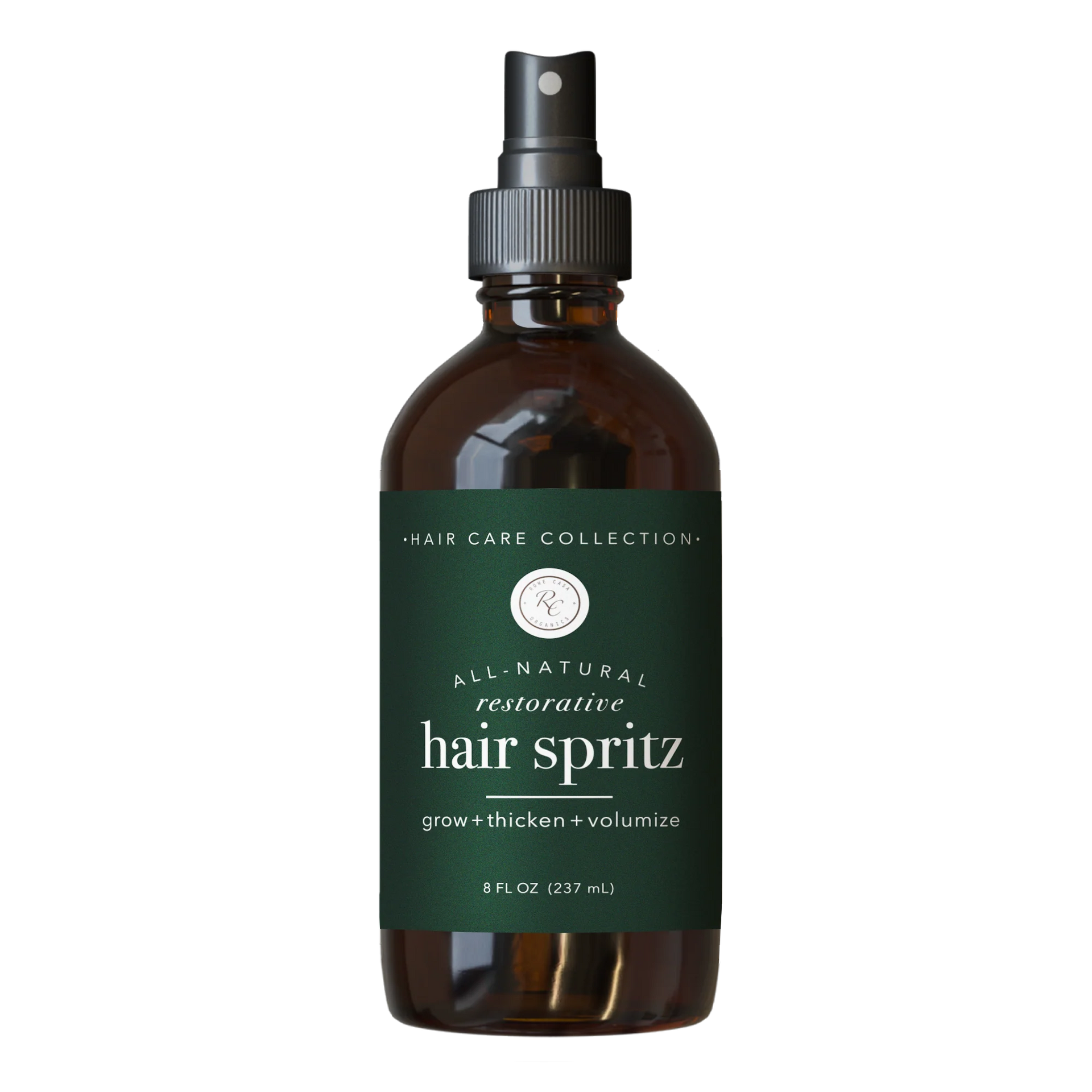 rowe casa Hair spritz bottle with label on a white background