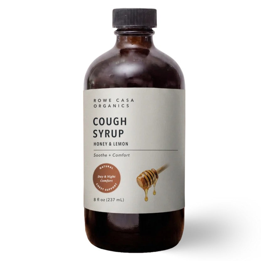 Rowe Casa Brown bottle of Cough Syrup on a white background.