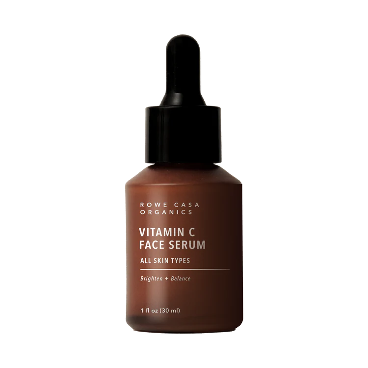 Brown bottle of Rowe Casa Organics Vitamin C Face Serum on a white background