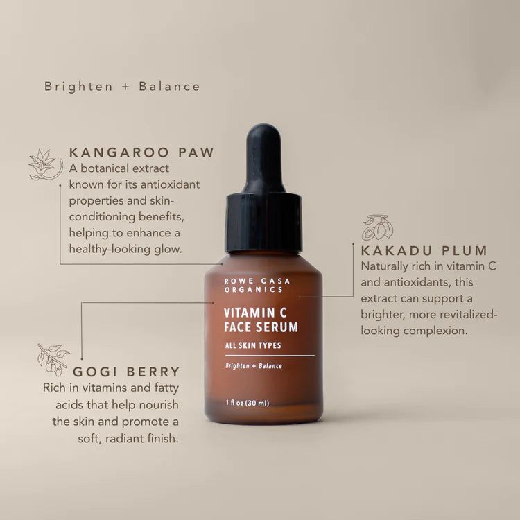 Rowe Casa Organics Vitamin C Face Serum bottle with ingredients listed on a beige background
