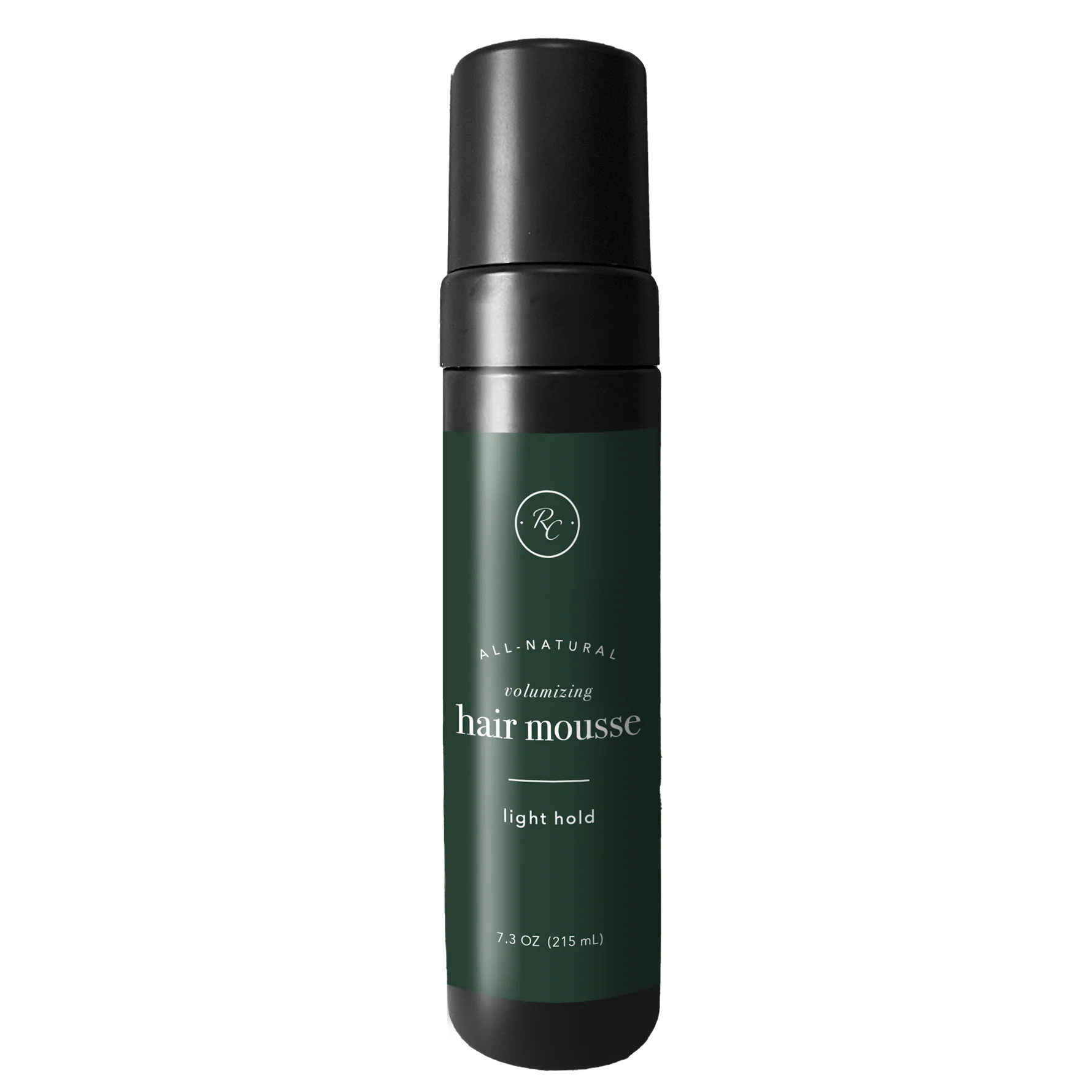 rowe casa Green hair mousse bottle with black cap on a white background