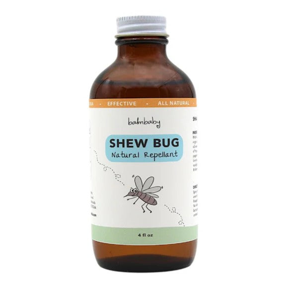 Bottle of shew bug natural repellent with a white label on a white background